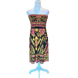 Cache Vintage Y2K Strapless Mini Dress Beach Cover Up Womens XL Black Gold Pink